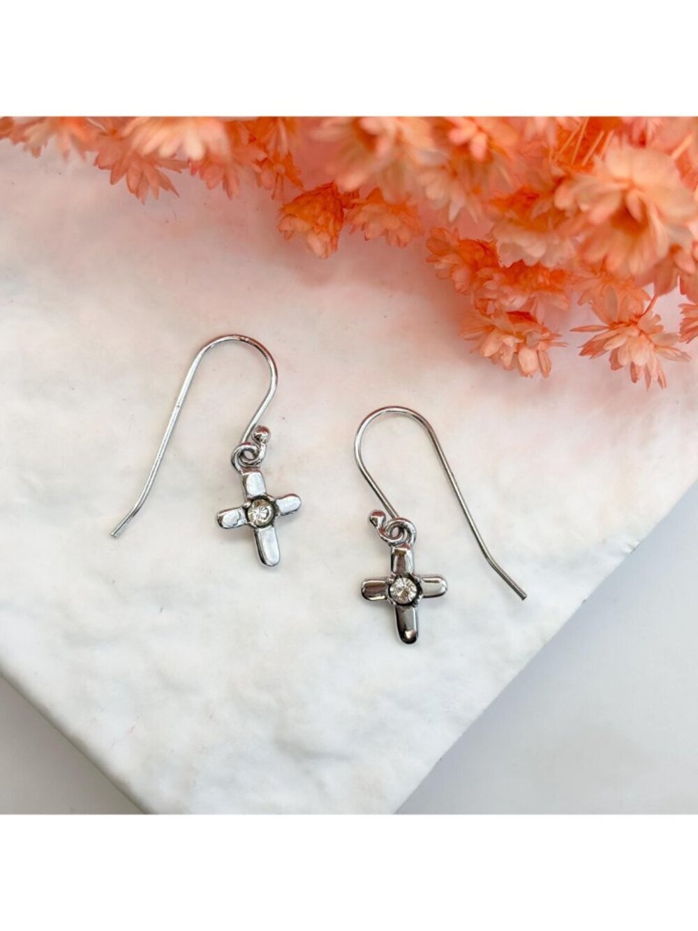 Cross Shaped Clear Cubic Zirconia Gemstone 925 Sterling Silver Vintage Earrings - Picture 5 of 5